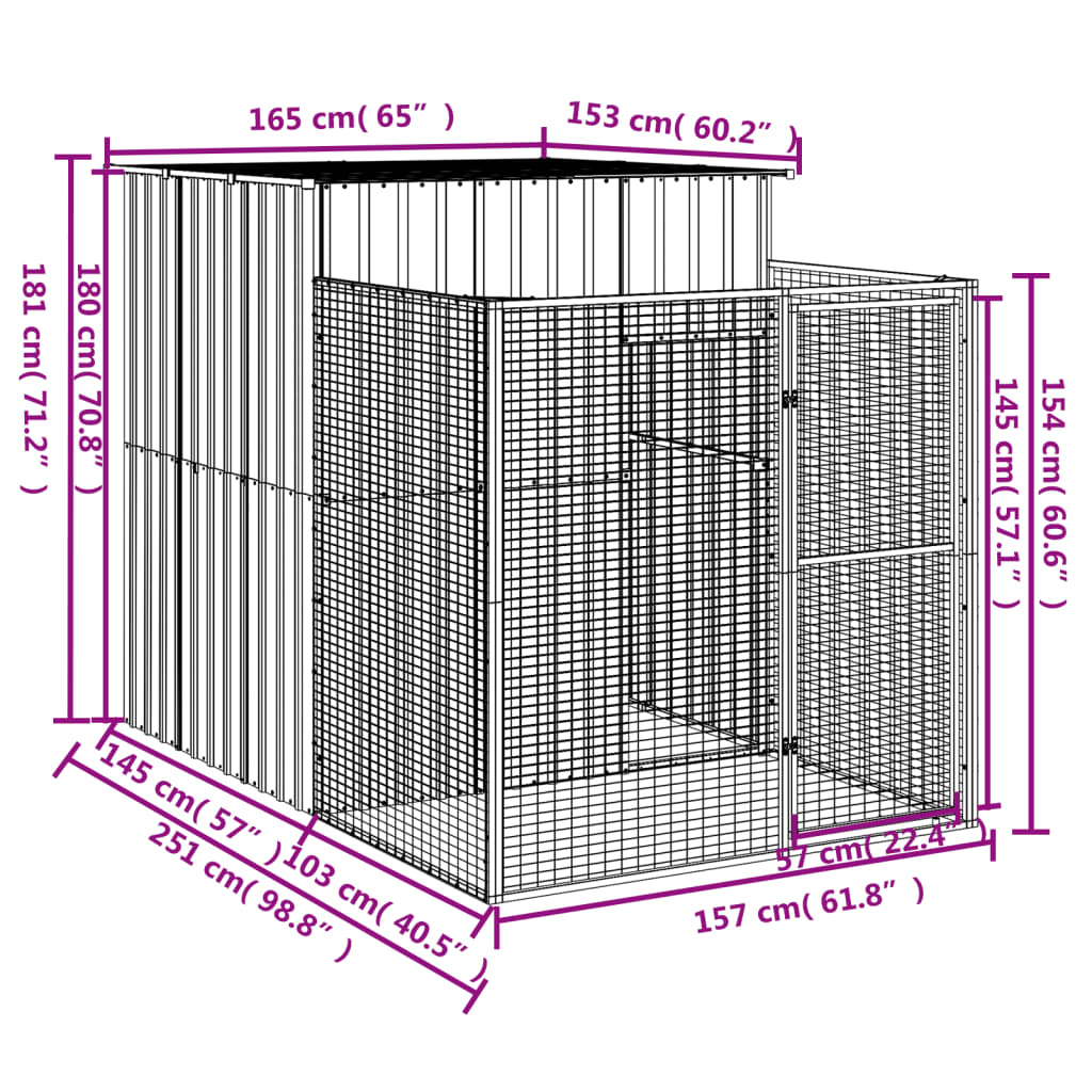 NNEVL Dog House with Run Light Grey 165x251x181 cm Galvanised Steel