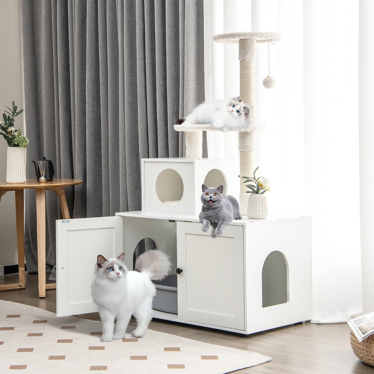 NNECW 2-in-1 Cat Tree with Litter Box Enclosure &amp;amp; Sisal Scratching Posts-White